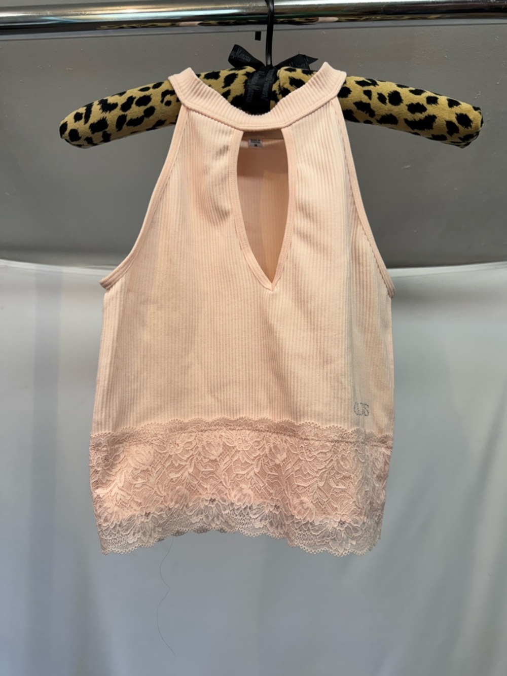 Guess Light Pink Ribbed Lace-Trim Tank Top Sz M